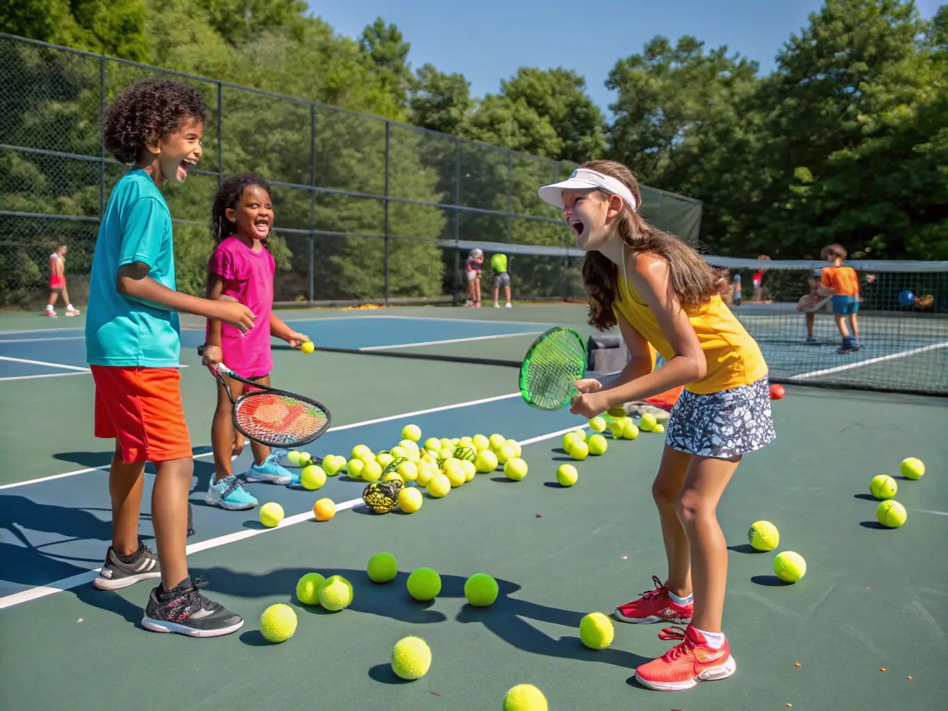 A vibrant image of children participating in a junior tennis clinic, focusing on fun drills and skill-building exercises.