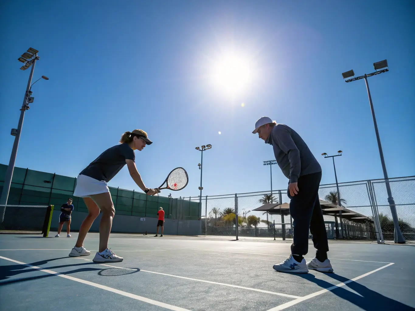 A vibrant image of tennis players engaged in a training session on a well-maintained court, showcasing the energy and focus of skill development at ALT Léran.