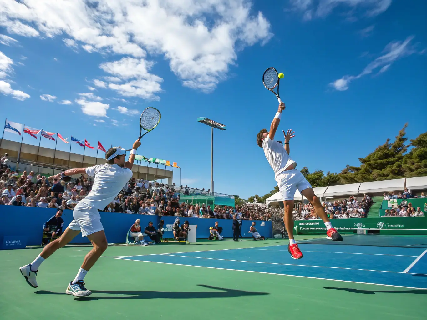 A dynamic image of adult players engaged in a competitive tennis match, showcasing skill and strategy.