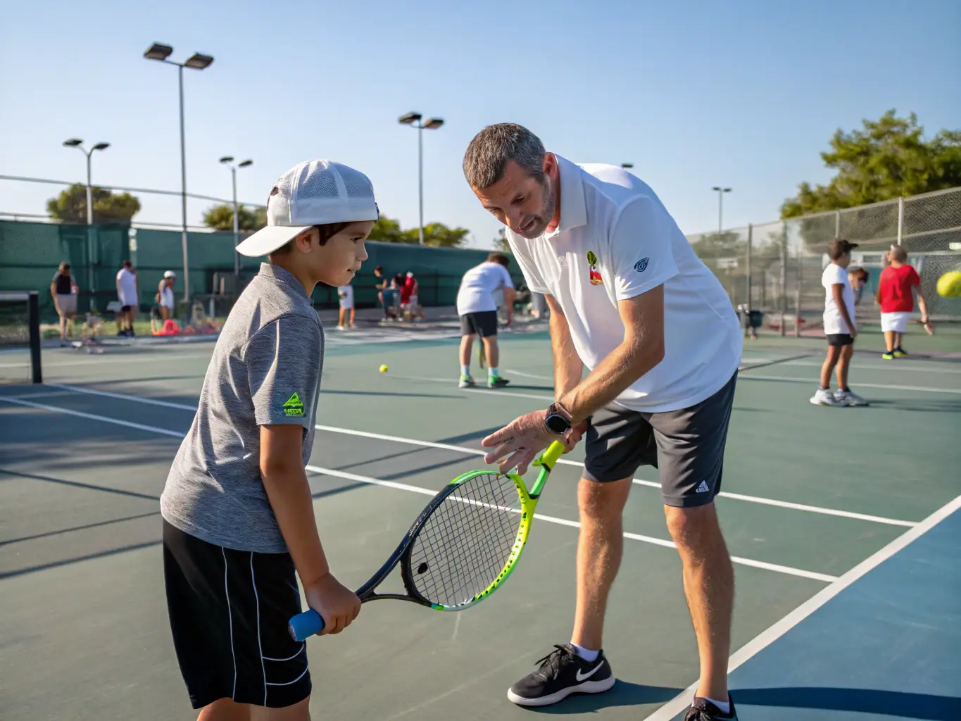 A serene image of a private tennis lesson, with a coach providing personalized instruction to a player.